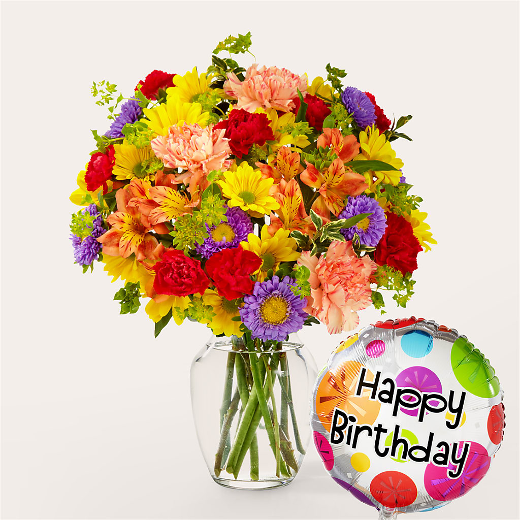 Kaleidoscope Bouquet with Birthday Balloon – HYDE PARK FLORIST & GIFTS, Hyde Park NY