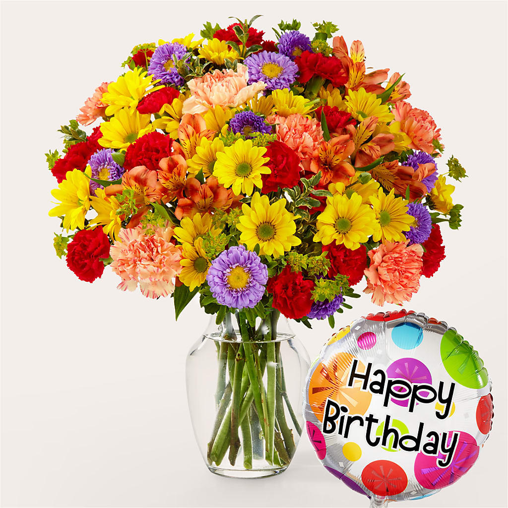 Kaleidoscope Bouquet with Birthday Balloon – HYDE PARK FLORIST & GIFTS, Hyde Park NY