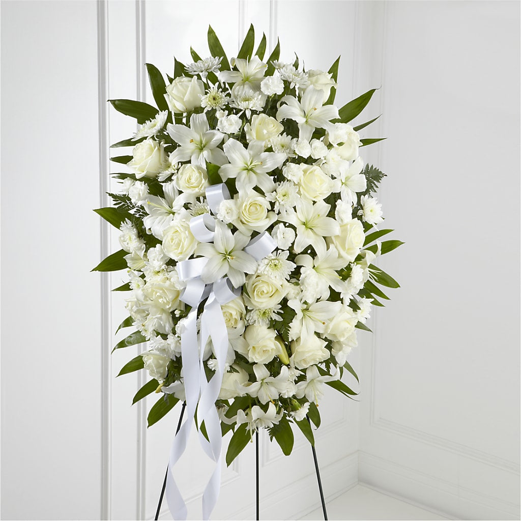 Exquisite Tribute Standing Spray-White Ribbon – HYDE PARK FLORIST & GIFTS, Hyde Park NY
