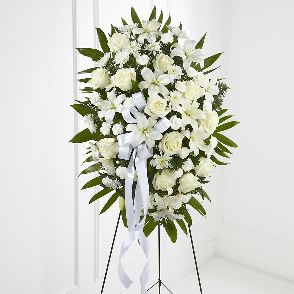 Exquisite Tribute Standing Spray-White Ribbon – HYDE PARK FLORIST & GIFTS, Hyde Park NY